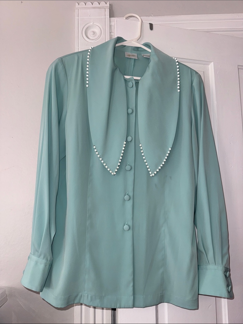 Mint Green Pearl-Trim Button Front Blouse